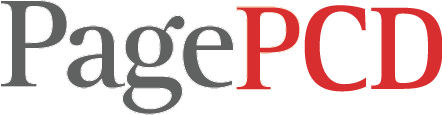 Logotipo com texto 'PagePCD' em cinza e vermelho.