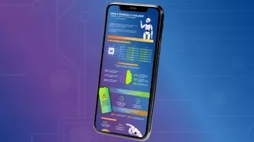 Infográfico colorido exibido em um smartphone, com ilustrações e dados científicos.