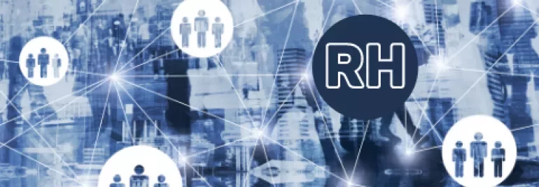 Ilustração de RH com figuras de pessoas conectadas em fundo azul.
