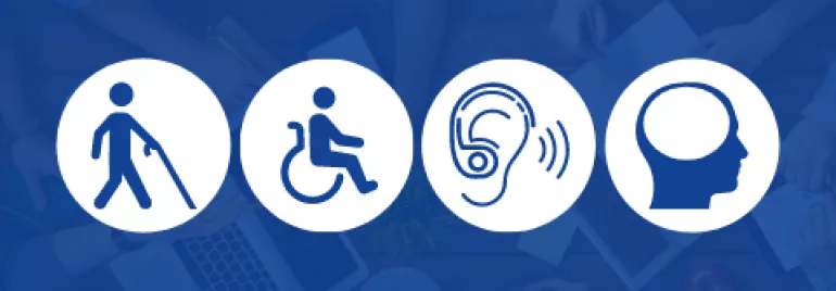 Imagem com fundo azul e ícones representando deficiência visual, física, auditiva e intelectual